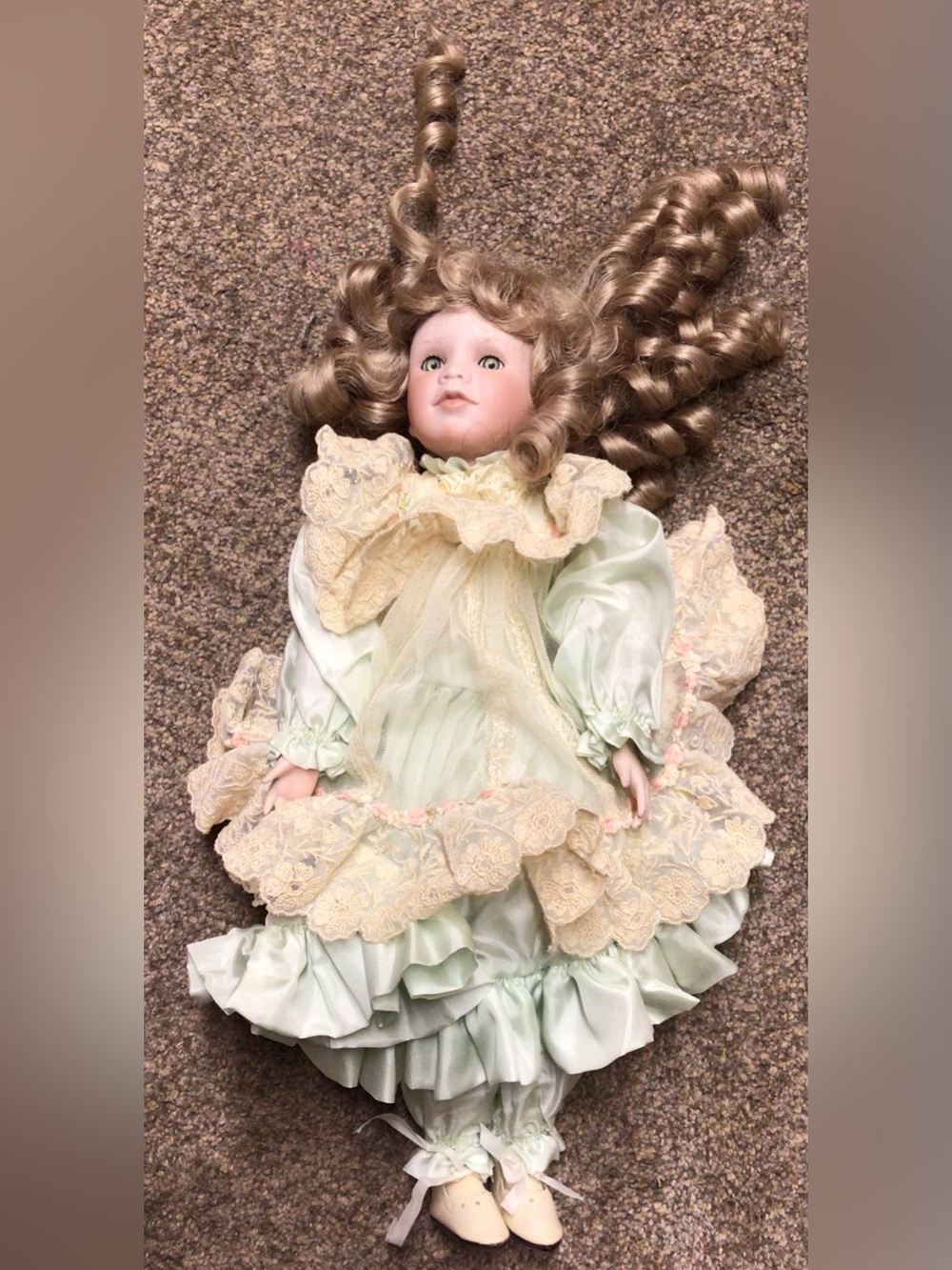 Porcelain Collectible Doll in Pale Green Lace Dress